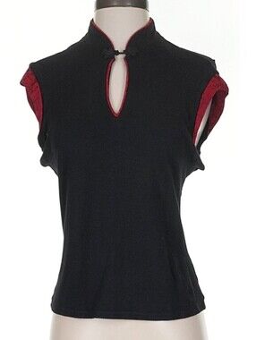 Nicole Miller Black Short Sleeve Keyhole Top with Red Trim